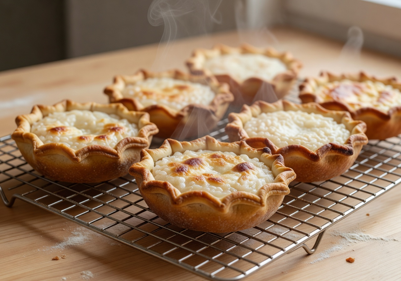 Freshly baked Karelian pies resting on a wire rack