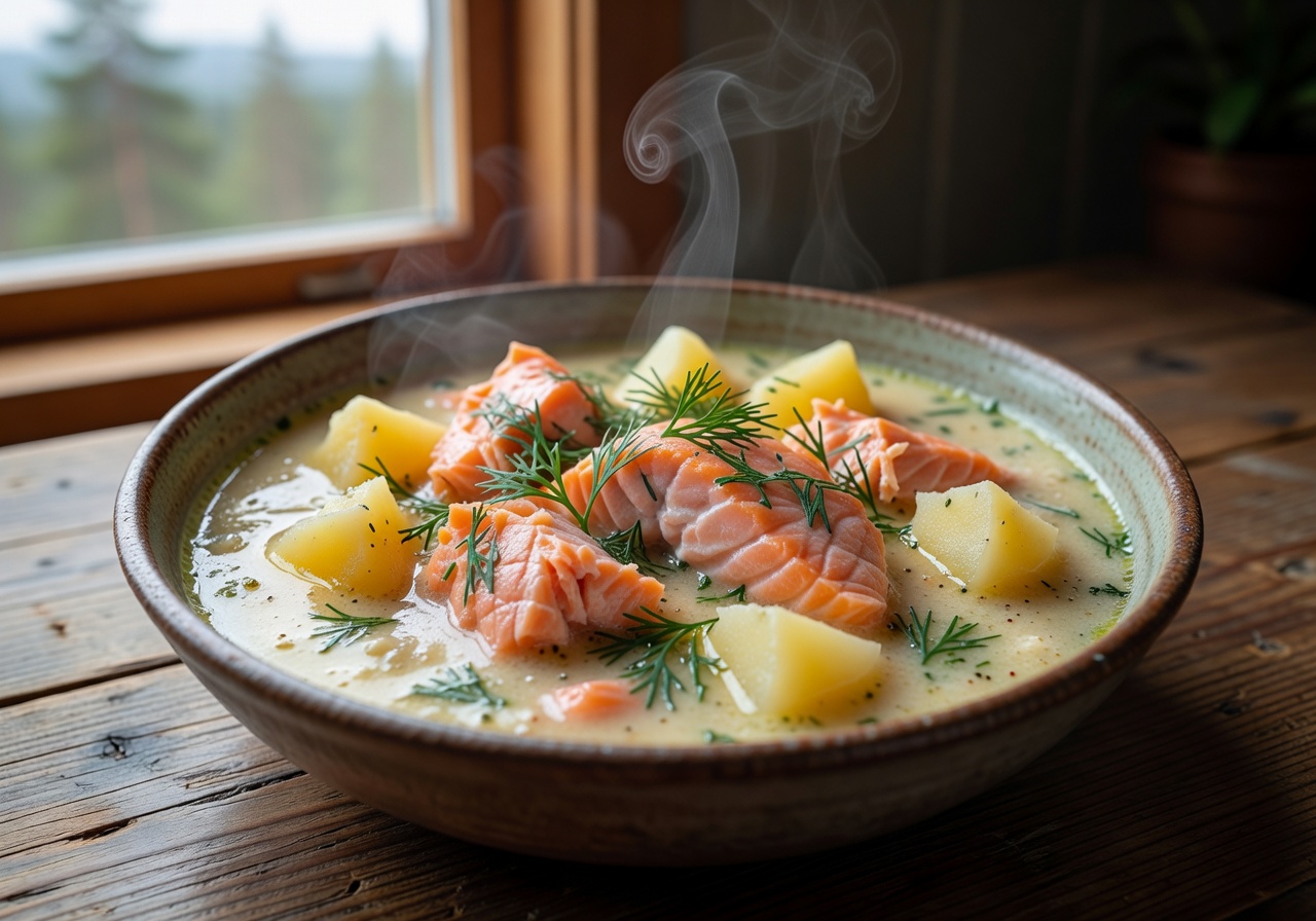 Bowl of creamy Finnish salmon soup with dill and potatoes