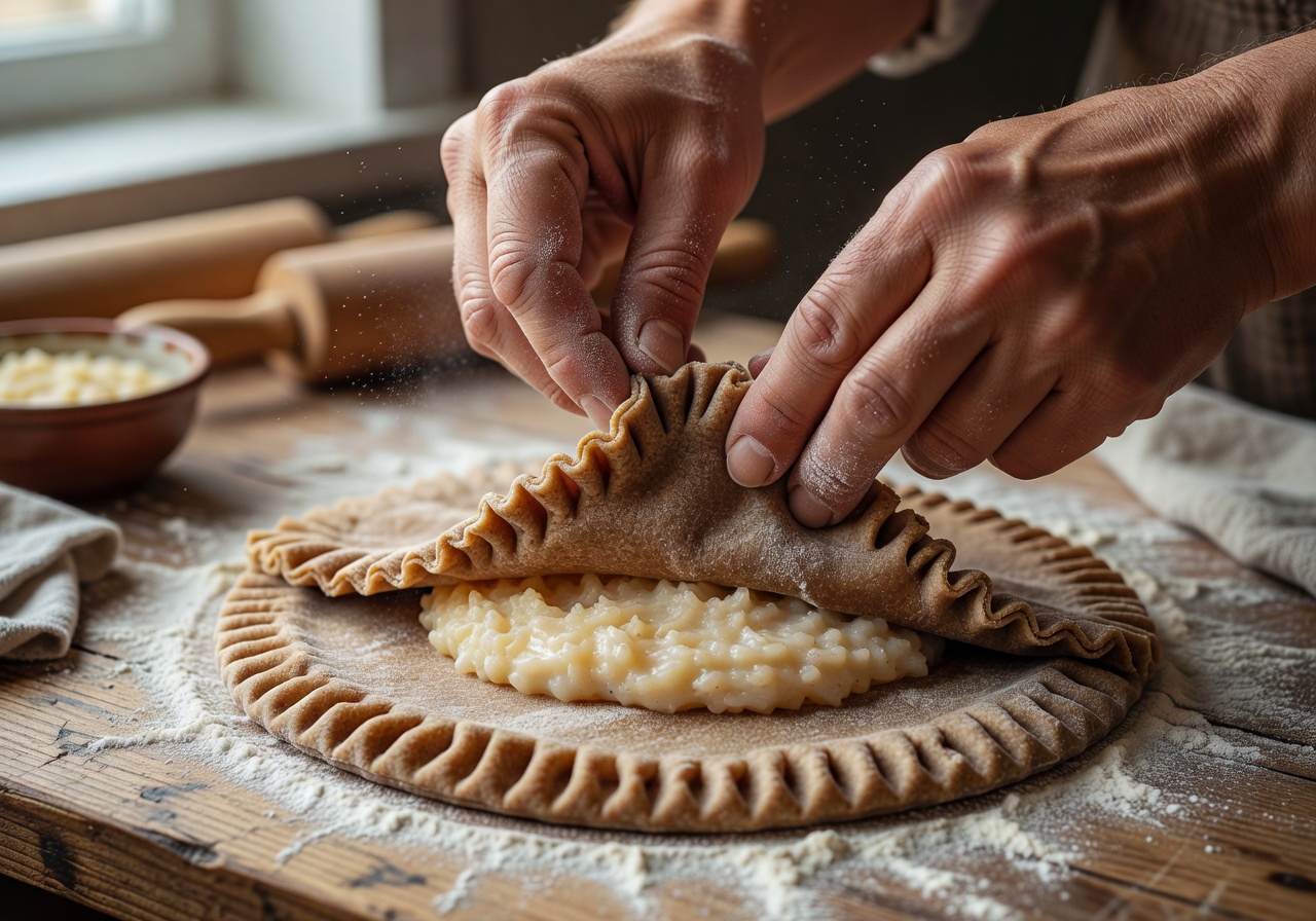 Fingers crimping the edges of the pie dough