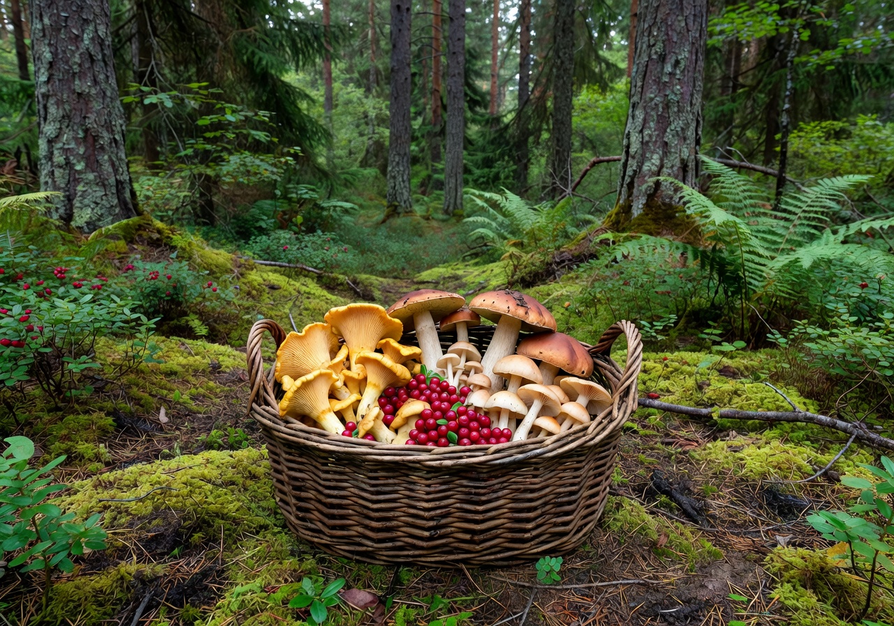 Basket of freshly foraged wild mushrooms and lingonberries in a Finnish forest