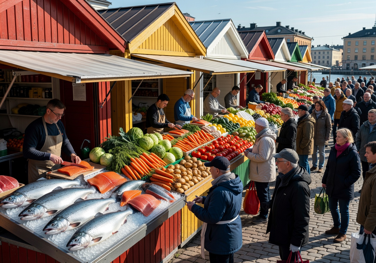 Vibrant food stalls at the Helsinki Market Square selling fresh salmon and vegetables