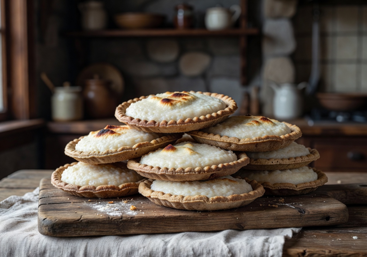 Karjalanpiirakka Karelian pies stacked on a rustic board