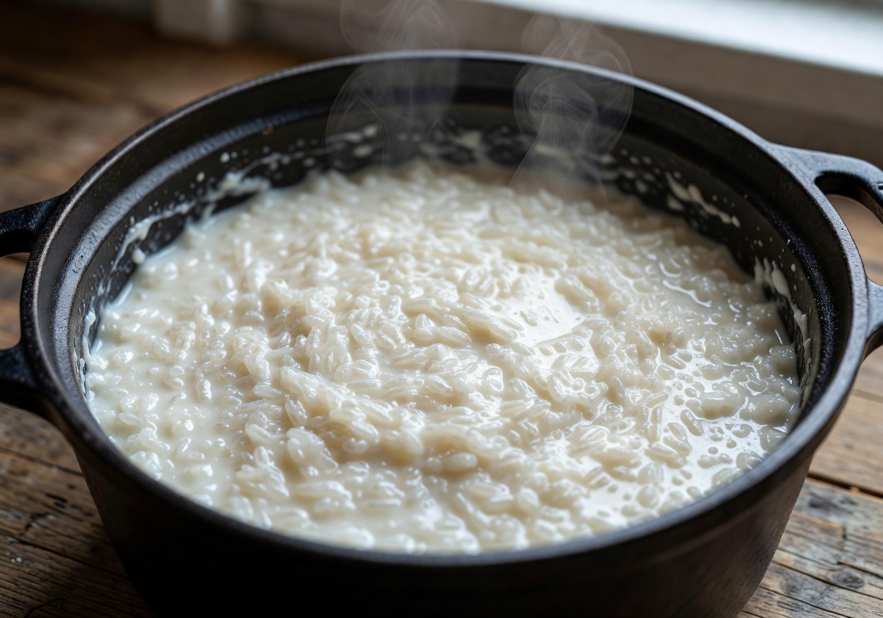 Thick rice porridge filling cooling in a pot