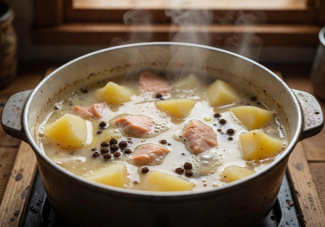 Fish broth simmering with potatoes and allspice