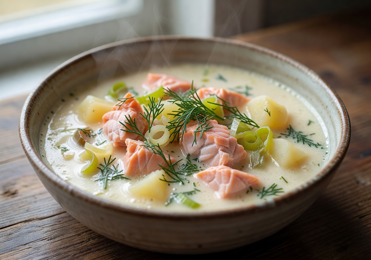 Lohikeitto creamy salmon soup in a ceramic bowl
