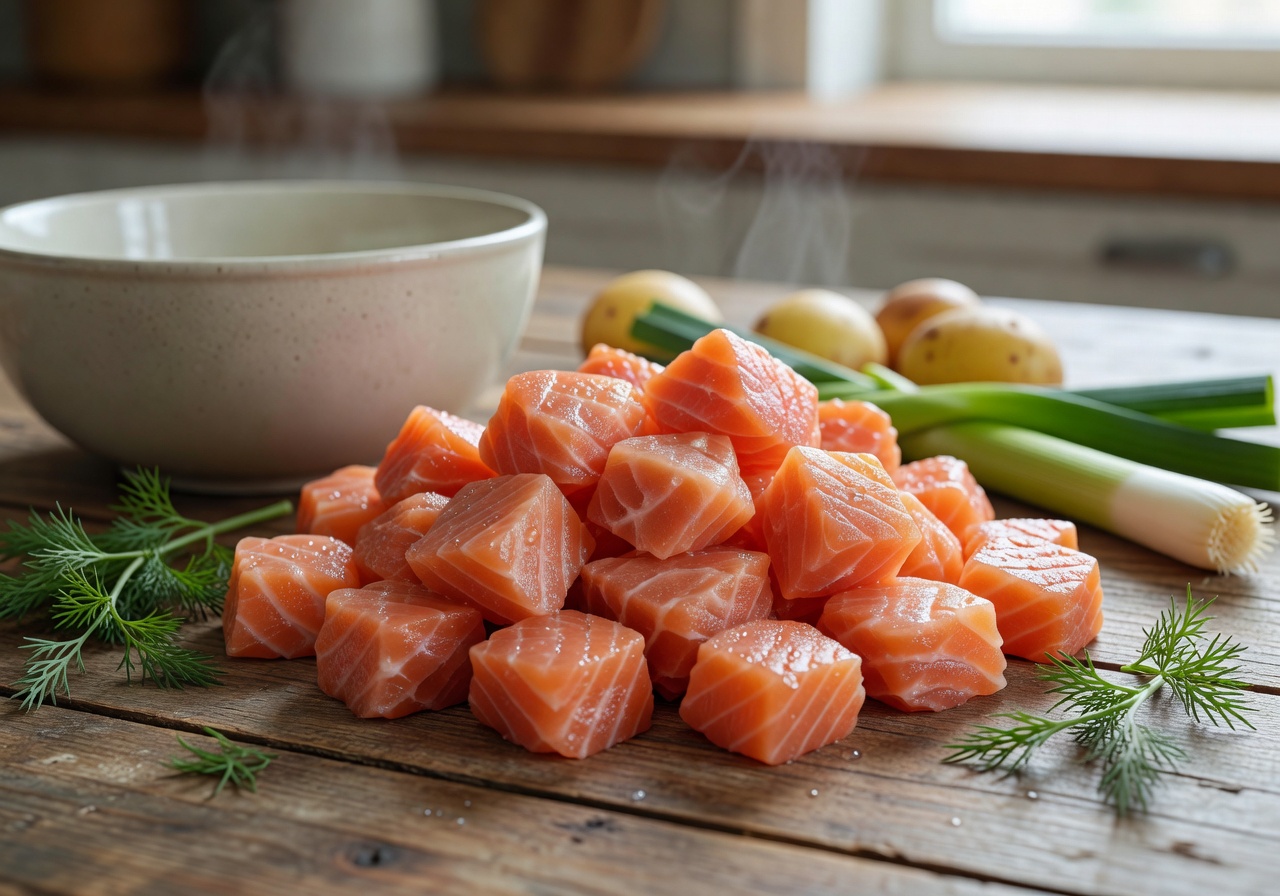 Fresh raw salmon cubed for the soup