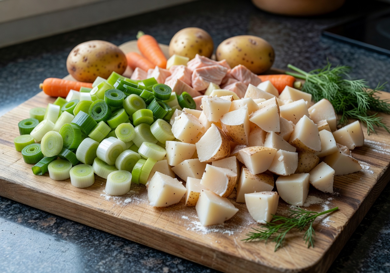 Chopped leeks and potatoes on a cutting board
