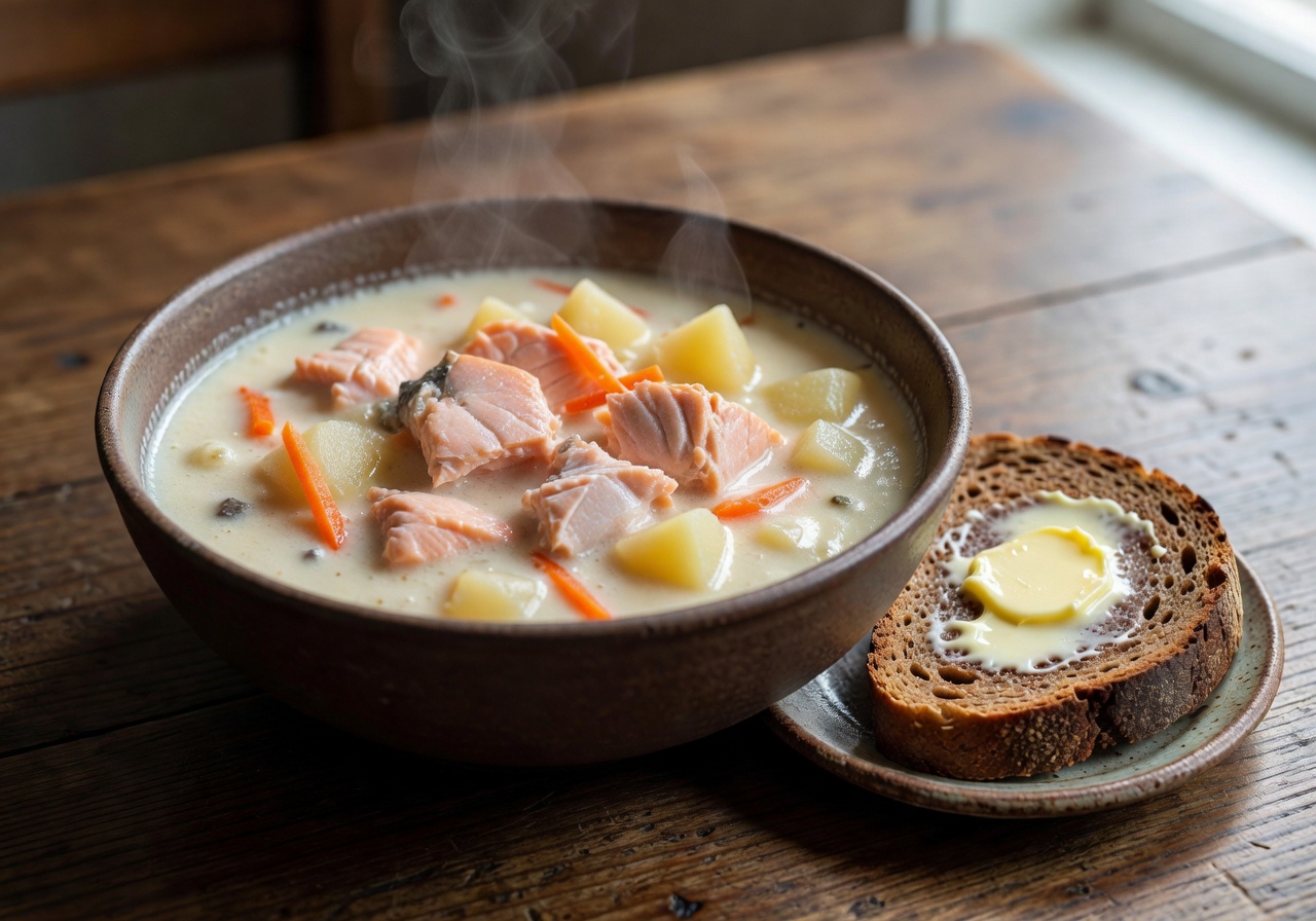A bowl of Lohikeitto served with buttered rye bread