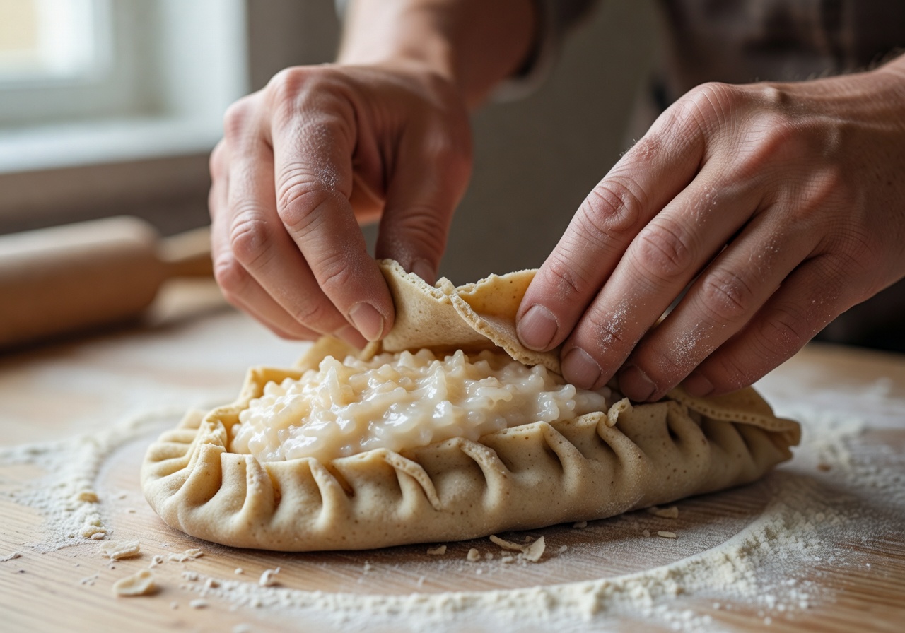 Close up of hands crimping the edges of a Karelian pie dough with rice filling