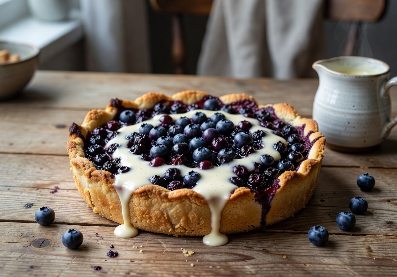 Mustikkapiirakka wild blueberry pie topped with vanilla sauce