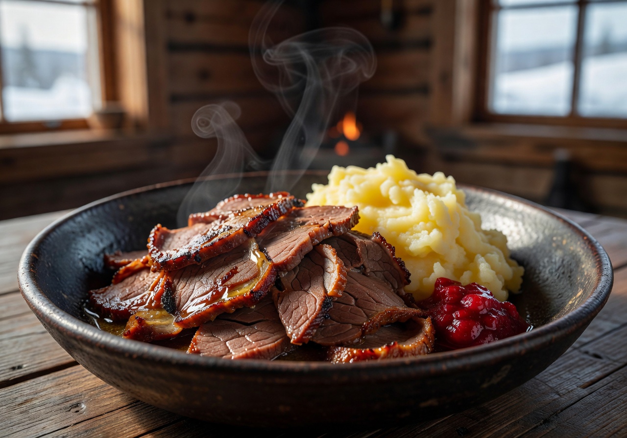 Poronkäristys sautéed reindeer served with mashed potatoes and lingonberries