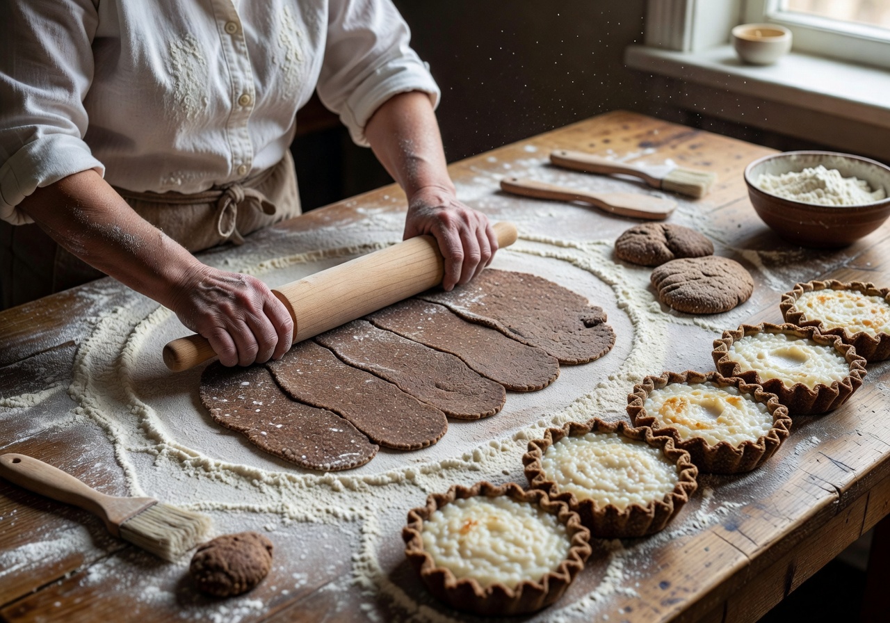 Rolling out thin rye dough ovals on a floured surface