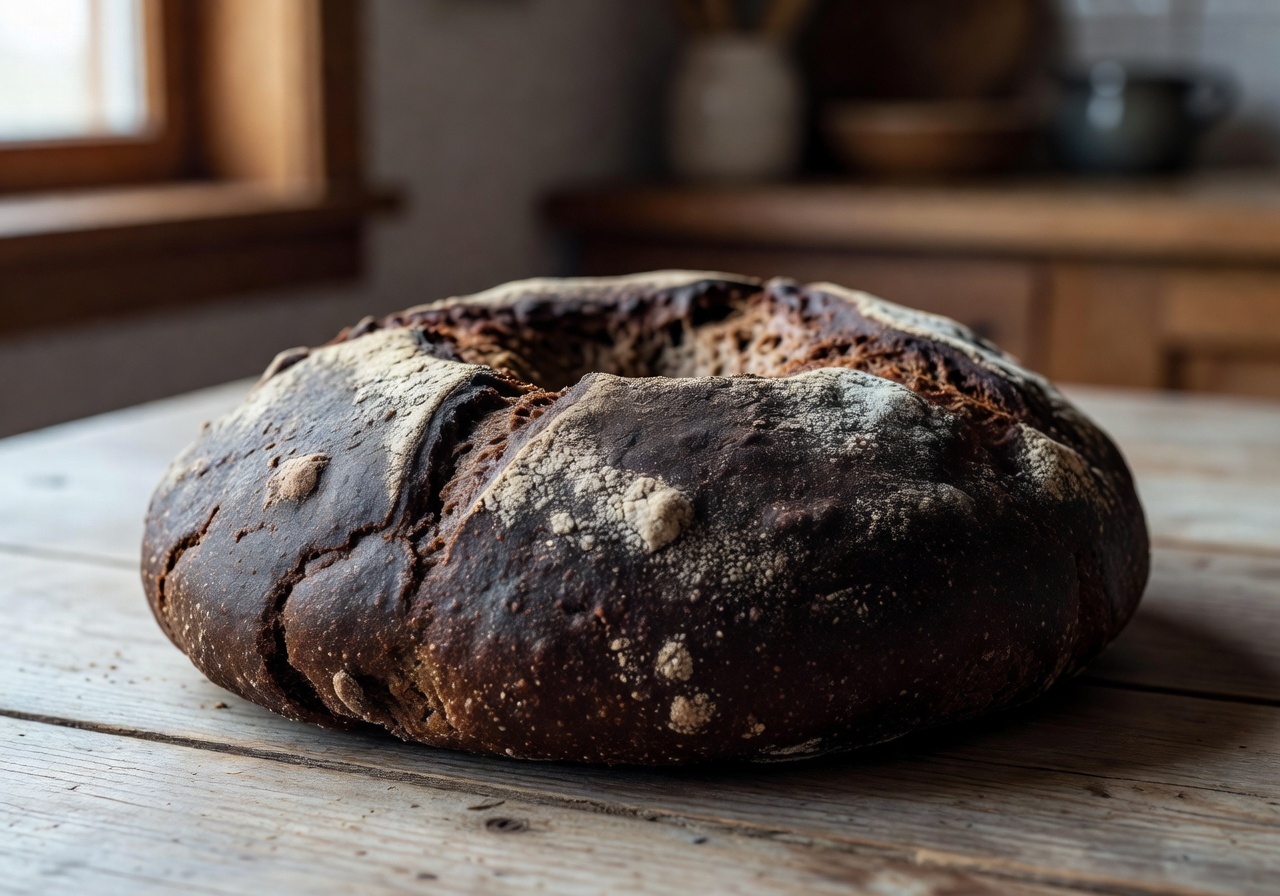 Round flat Ruisleipä dark Finnish rye bread loaf