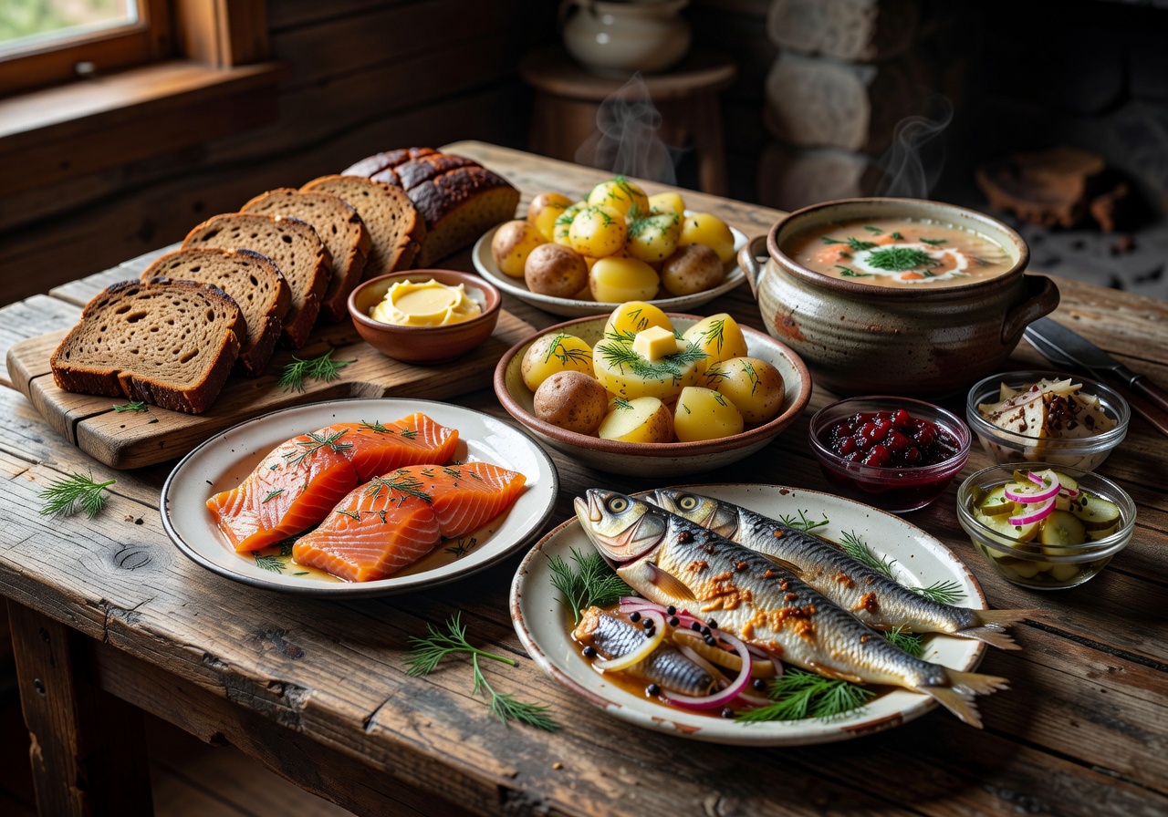 A rustic wooden table spread with various traditional Finnish dishes, rye bread, and fish